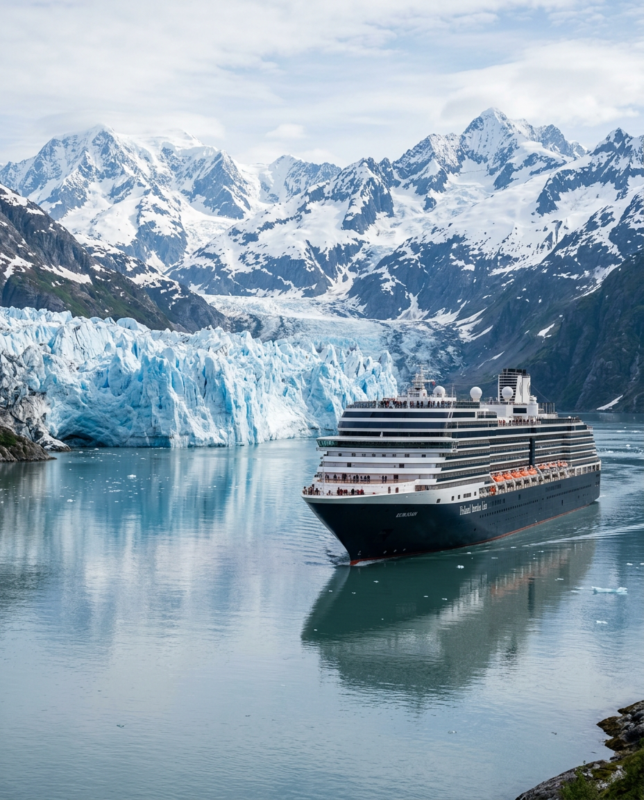 Cruise ship near an Alaskan glacier surrounded by mountains