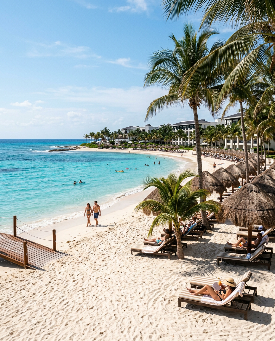 White sand beach with palm trees at a Cancun resort