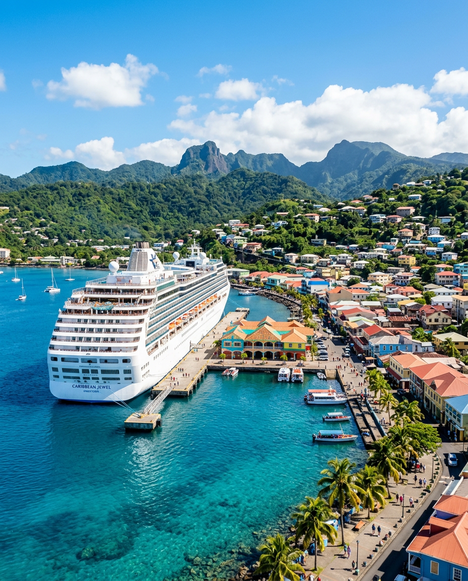 Cruise ship docked at a colorful Caribbean island port