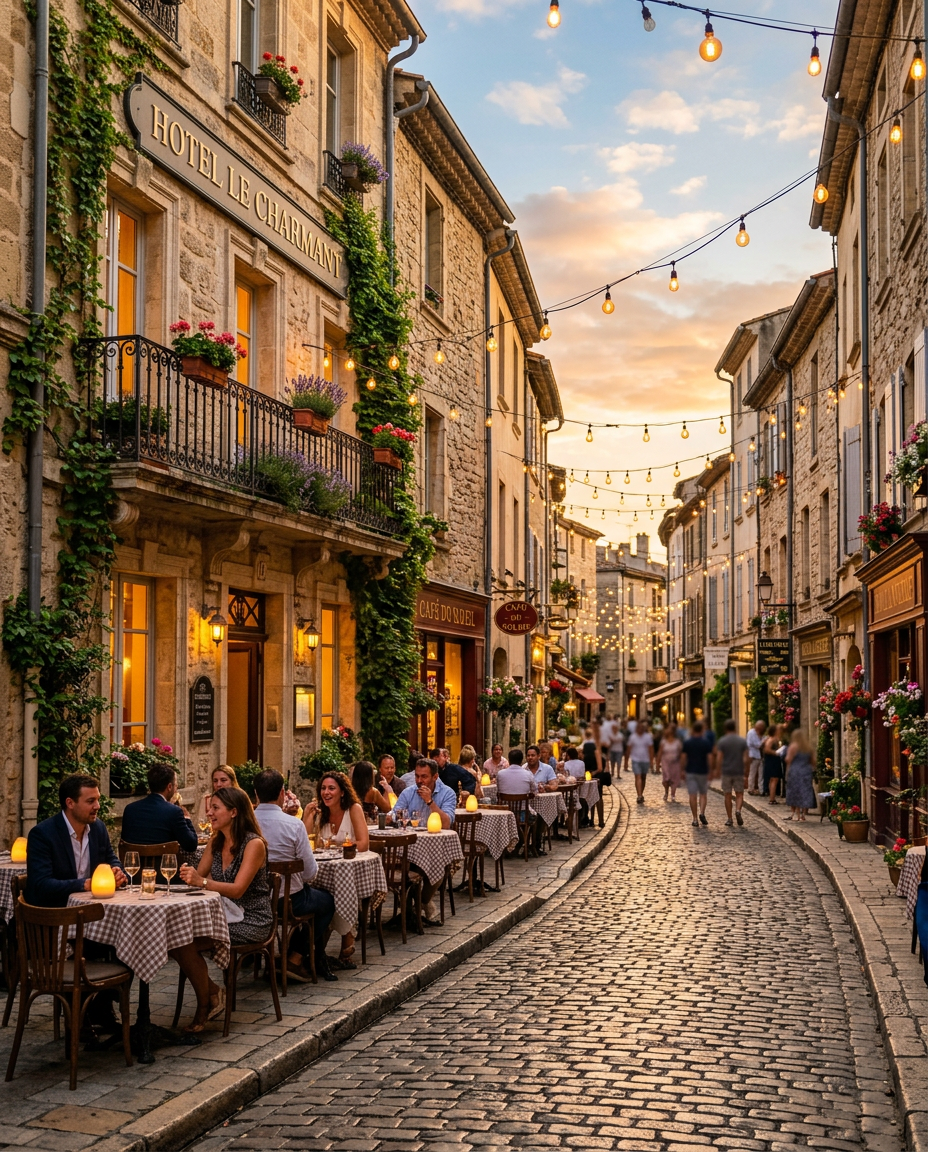 Charming cobblestone street with cafes and string lights at dusk