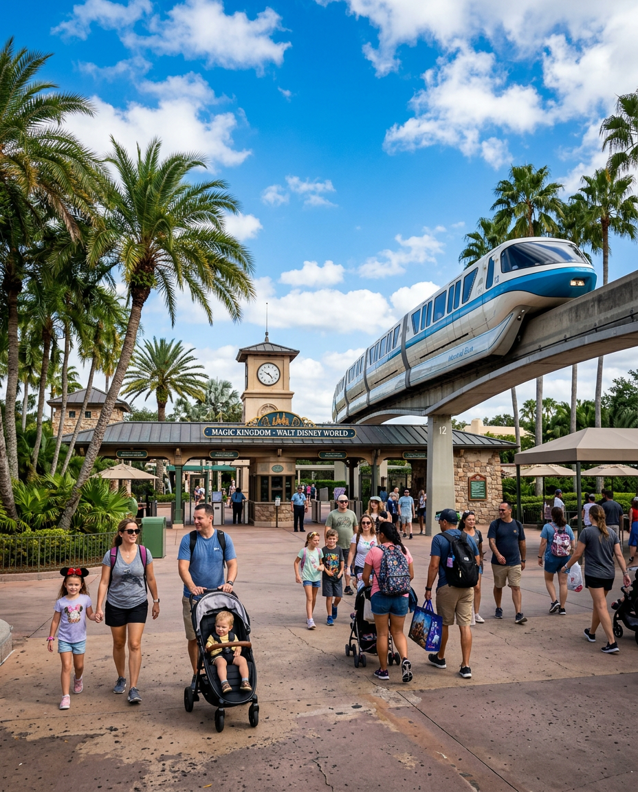 Theme park entrance in Orlando with palm trees and monorail