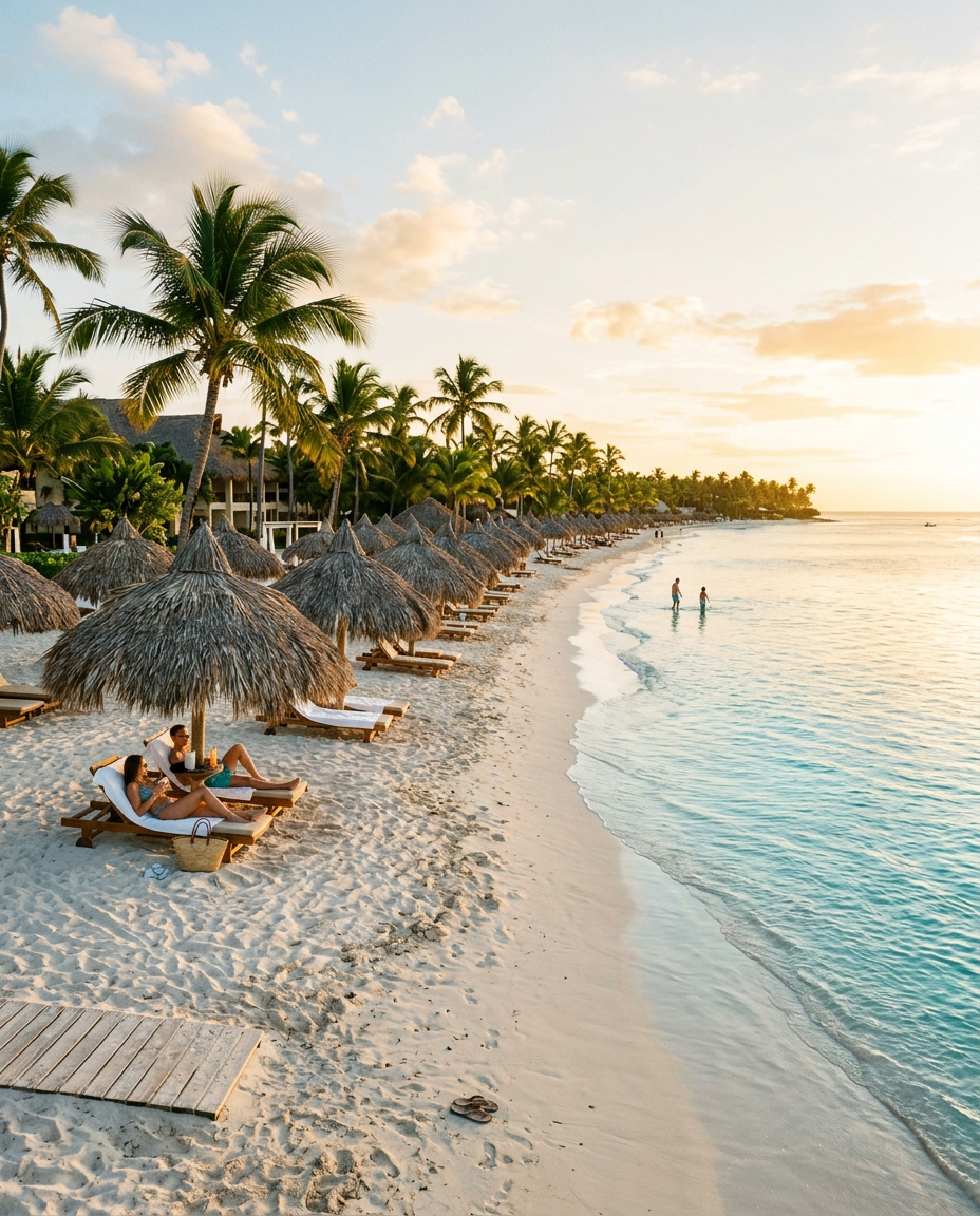 Palm shaded beach loungers at sunrise in Punta Cana