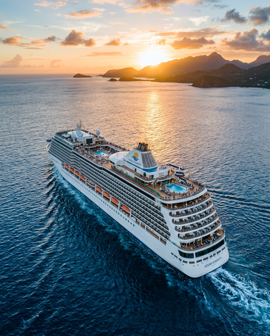 Cruise ship sailing past a tropical coastline at sunset