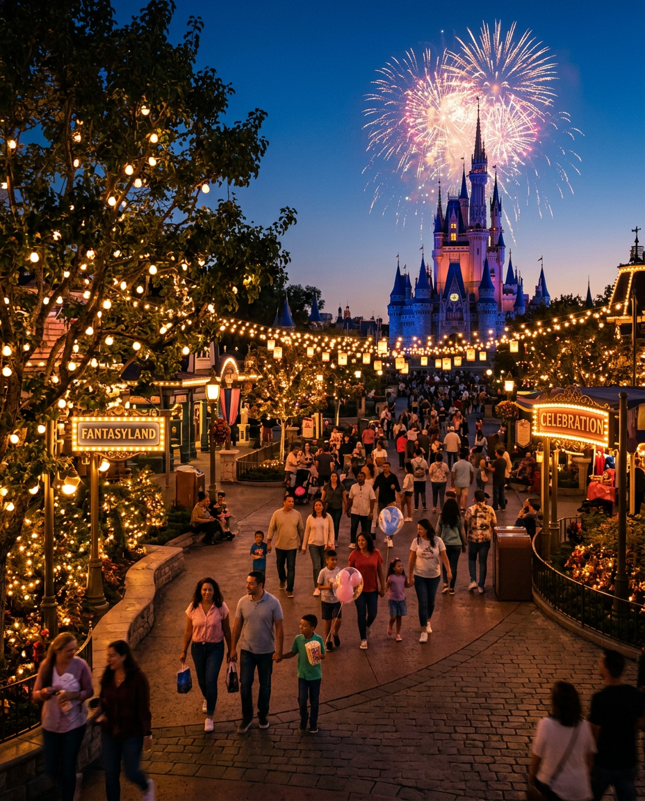 Theme park castle lit up with fireworks at night