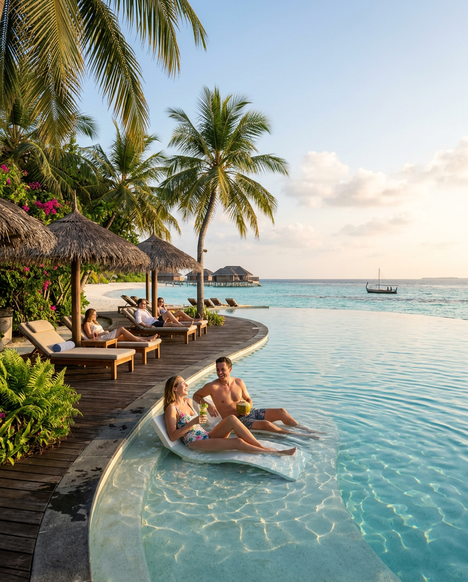 Infinity pool at a palm lined all-inclusive beach resort